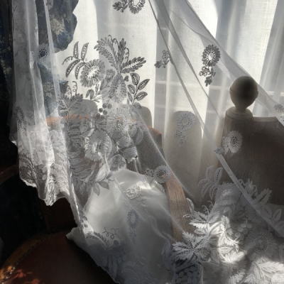 L2266  フランスアンティークチュールレースクロス/レースカーテン　19世紀リネンチュールレース 130x90cm