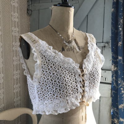 L2361　フランスアンティークレースつけ襟/レース衿/ベスト　カットワーク手刺繍リネン＆シルクリボン＆レースベスト