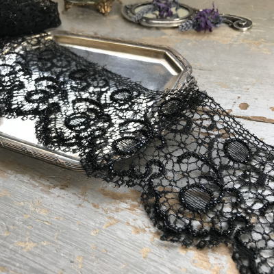 【日本発送】L2365　フランスアンティークレーストリム/テープレース/ボーダーレース　ビーズ＆リネンブラック黒レース 1m19