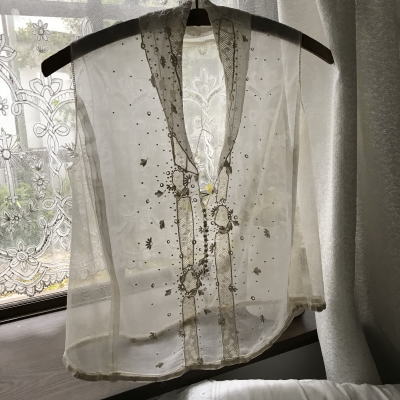 L2430 フランスアンティークレースフロント/シャツフロント　手刺繍リネンローン＆リネンチュールレース＆ヴァランシエンヌレース