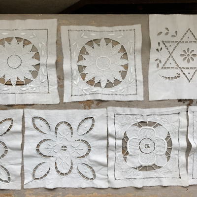 L2446 フランスアンティーク刺繍パーツ　カットワーク手刺繍リネンクロス7枚