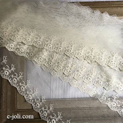 【パリ発送】L2497 フランスアンティークレーストリム/テープレース/ボーダーレース　幅広リネンチュールレース  1m