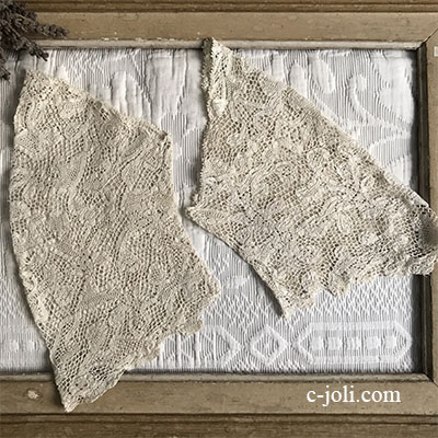 【パリ発送】L2529 フランスアンティークレースパーツ/スリーブ2枚　リネンボビンレース