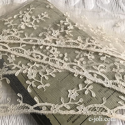 【パリ発送】L2532 フランスアンティークレーストリム/テープレース/ボーダーレース　19世紀アプリカシオンリネンチュールレース 56cm