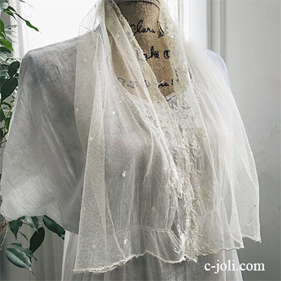 【パリ発送】L2539 フランスアンティークレースショール/レースストール　手刺繍コットンチュールレース 1m07　生成り