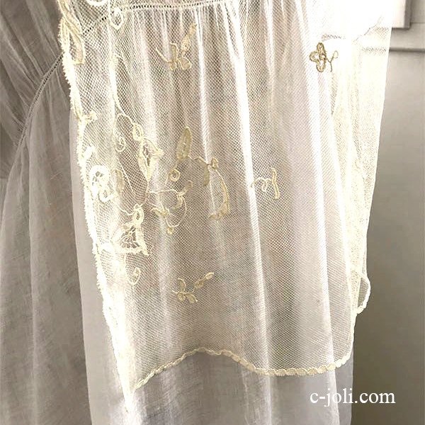 【パリ発送】L2540 フランスアンティークレースショール/レースストール　19世紀アプリカシオンリネンチュールレース 1m14　生成り