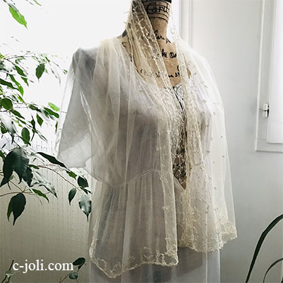 【パリ発送】L2541 フランスアンティークレースショール/レースベール　19世紀手刺繍リネンチュールレース 1m36　生成り