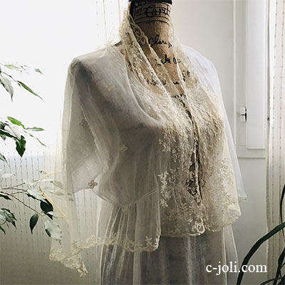 【パリ発送】L2542 フランスアンティークレースショール/レースストール　19世紀アプリカシオンリネンチュールレース 1m21　生成り