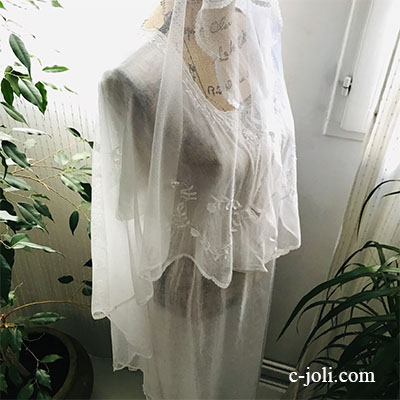 【パリ発送】L2543 フランスアンティークレースベール/マリアベール/ウェディングベール　アプリカシオンコットンチュール 145x146cm　ホワイト