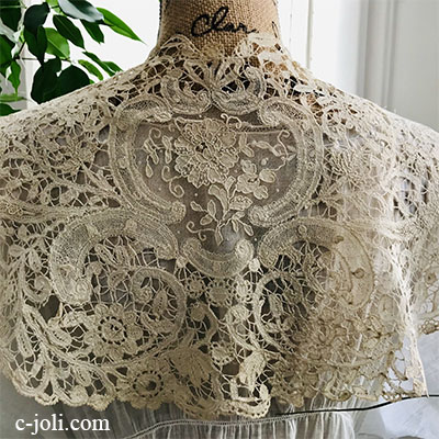 【パリ発送】L2549 フランスアンティークレースつけ襟/レース衿　19世紀ポワンドガーズ＆リネンボビンレース付け襟