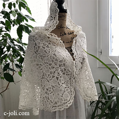 【パリ発送】L2550 フランスアンティークレースショール　20世紀初頭ハンドワークリネンバテンレース 1m31