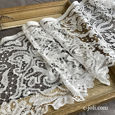 【パリ発送】L2558 フランスアンティークボビンレースボーダー/幅広レースエッジ　19世紀リネンボビンレース 125cm