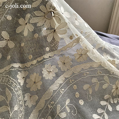 【パリ発送】L2561 フランスアンティークレースクロス　手刺繍チュールレースクロス 96x85cm