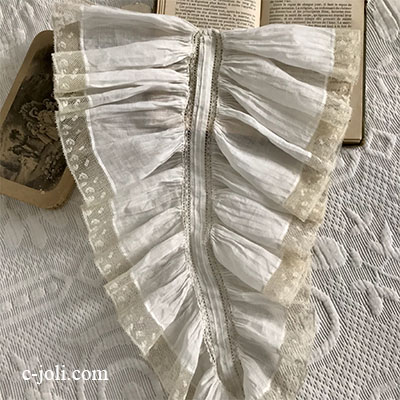 【パリ発送】L2592 フランスアンティークレースつけ襟/レースフロント/レースジャボ（胸元飾り）　麻ローン地＆リネンヴァランシエンヌレース