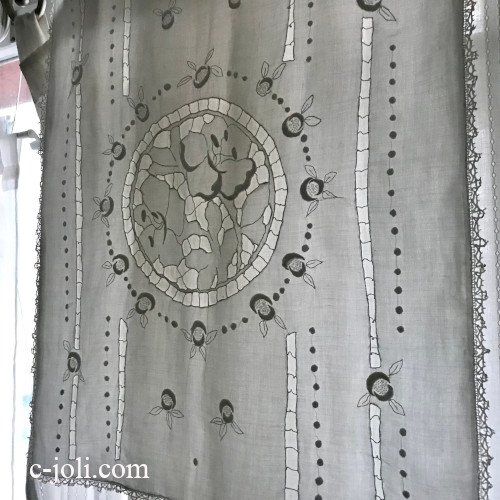【パリ発送】L2603 フランスアンティークレース＆手刺繍プラムブランケットカバー　カットワーク手刺繍コットンローン＆ボビンレース 47.5x55.5cm