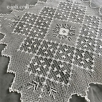 【パリ発送】L2608 フランスアンティークレースマット/テーブルマット　ハンドワークフィレレースクロス 44x43cm