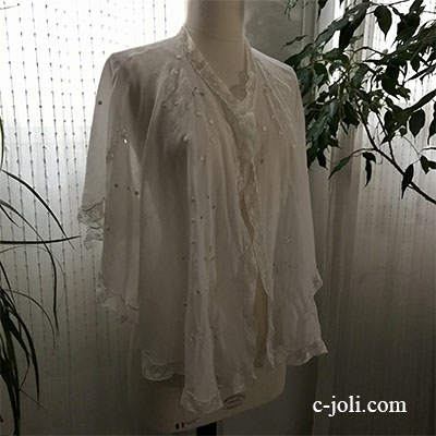 【パリ発送】L2617 フランスアンティーク綿ローンショール　カットワーク手刺繍コットンローン＆ヴァランシエンヌレース