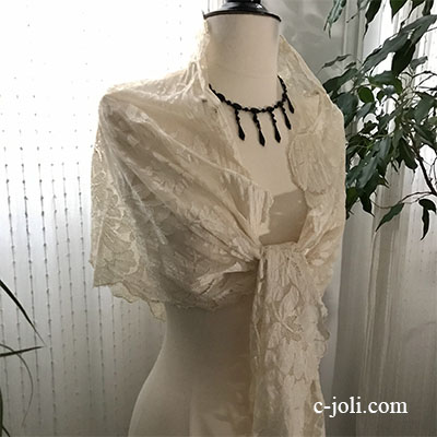 【パリ発送】L2618 フランスアンティークシルクショール　絹シルクレースショール 2m30