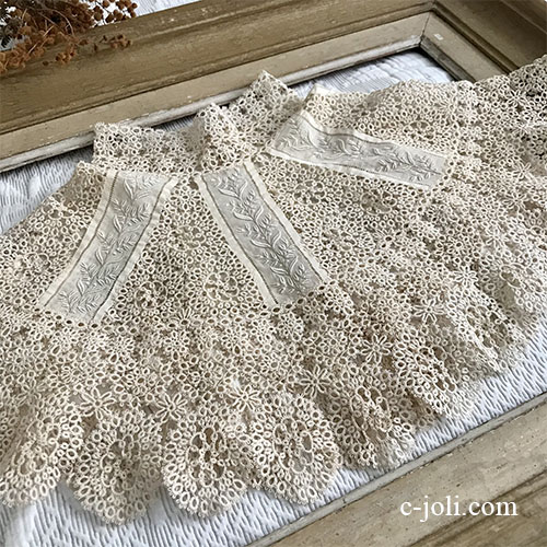 【パリ発送】L2650 フランスアンティークレースつけ襟/レース衿　リネンタティングレース＆手刺繍コットンローン付け襟