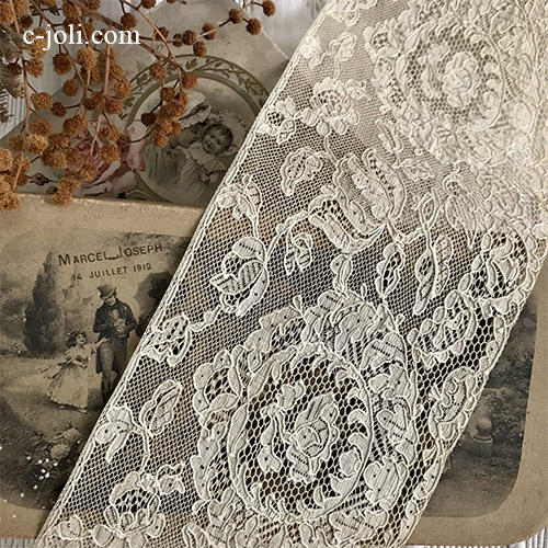 【日本発送】L2653 フランスアンティークレーストリム/テープレース/ボーダーレース　ローズ柄幅広リネンレース 1m単位
