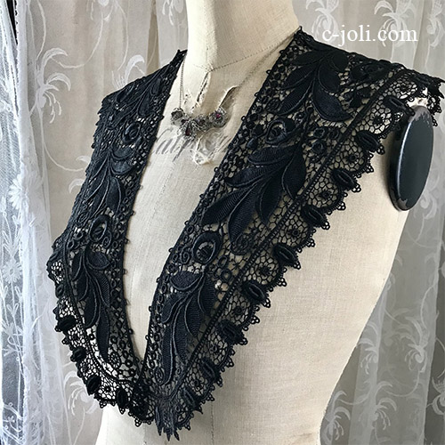 L2665 フランスアンティークレースつけ襟/黒レース衿　リネンケミカルレース付け襟ブラックレース