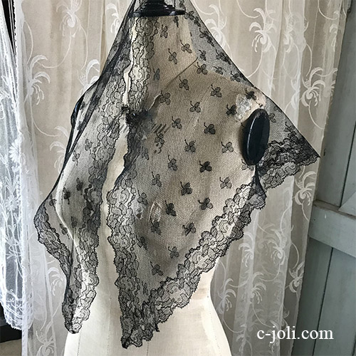 L2666 フランスアンティークレースベール/ショール　リネンチュールレース/ブラックレース/黒レース 1m17