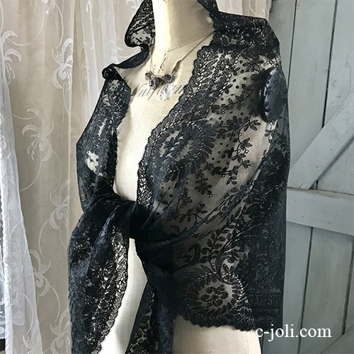 L2669 フランスアンティークレースベール/ショール　リネンチュールレース/ブラックレース/黒レース 1m80