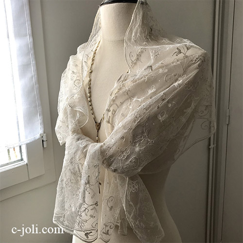 【パリ発送】L2678 フランスアンティークレースショール/レースストール　コットンチュールマシーンレース 1m57