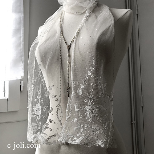 【パリ発送】L2679 フランスアンティークレースストール　19世紀アプリカシオンリネンチュールレース 1m60