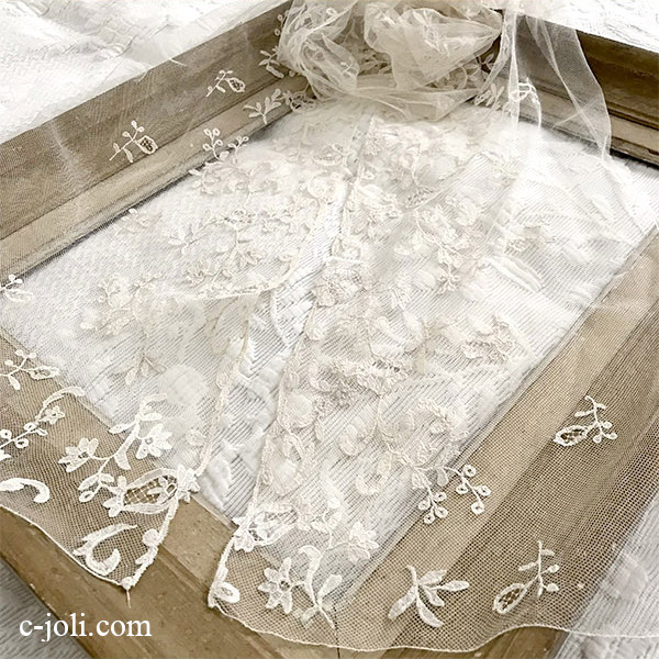 【パリ発送】L2680 フランスアンティークレースショール/レースストール　1900年頃アプリカシオンリネンチュールレース 1m74