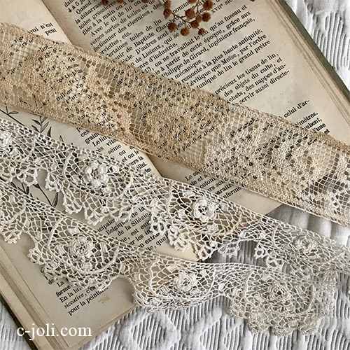 【パリ発送】L2681 フランスアンティークレーストリム/テープレース/ボーダーレース3本　リネンフィレレース＆クロシェレース