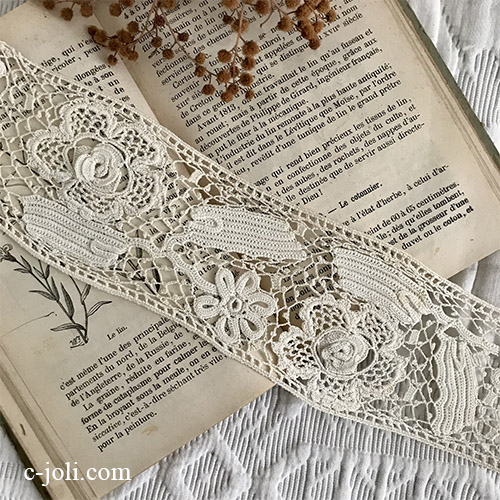 【パリ発送】L2686 フランスアンティークレーストリム/テープレース/ボーダーレース　19世紀リネンクロシェレース 98cm