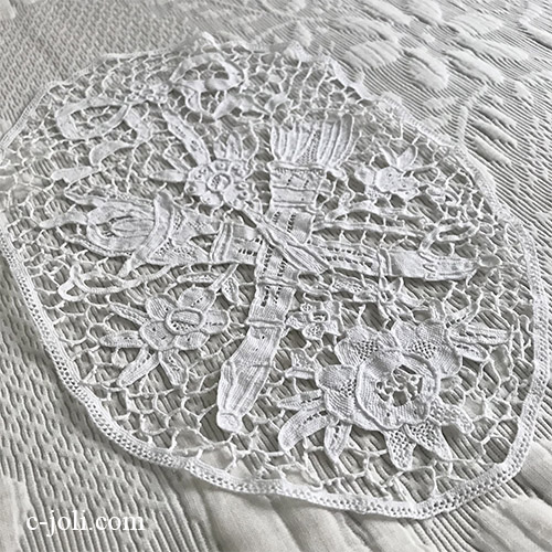 【パリ発送】L2709 フランスアンティークレース/テーブルマット　リネンニードルポイントレースクロス 20x30.5cm