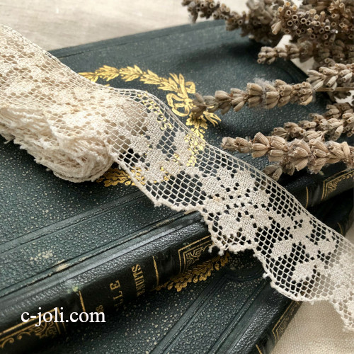 【パリ発送】L2754 フランスアンティークレーストリム/テープレース/ボーダーレース　ハンドワークリネンフィレレース 1m75