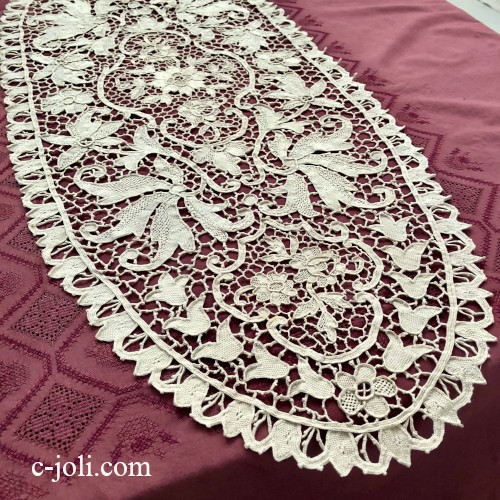 【パリ発送】L2783 フランスアンティークレースマット/テーブルランナー　リネンニードルポイントレースクロス 95x38cm 生成り