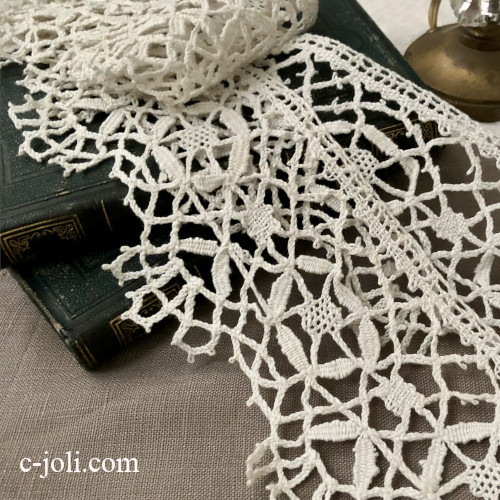 【日本発送】L2785 フランスアンティークレーストリム/テープレース/ボーダーレース　ハンドワークリネンボビンレース 1m20