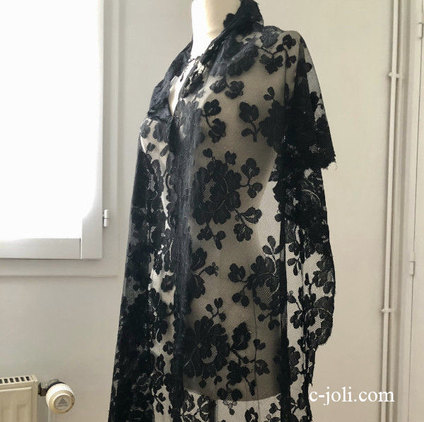 【パリ発送】L2788 フランスアンティークレースショール/大判ストール　ブラックレース/黒レース/マシーンレース 2m18