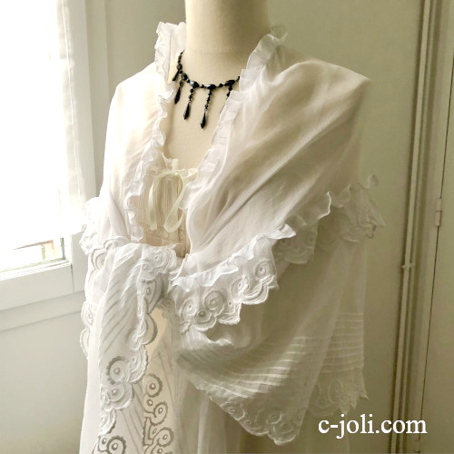 【パリ発送】L2810  フランスアンティーク綿ローン＆手刺繍ショール　ホワイトワーク刺繍/白糸刺繍  230x82cm