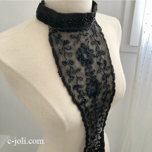 【パリ発送】L2834 フランスアンティークレースカラー/レース襟/レースフロント　黒レース/ブラックレース＆ブラックガラスビーズ