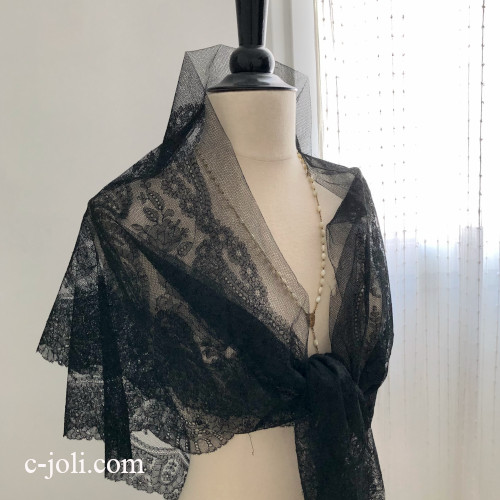 【パリ発送】L2837 フランスアンティークショール　リネンチュールレース/ブラックレース/黒レース 1m98