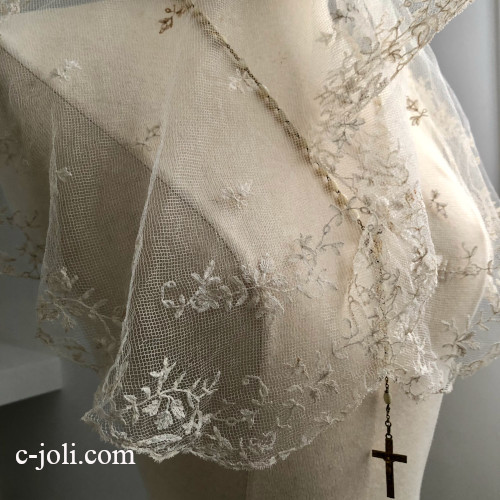 【パリ発送】L2855 フランスアンティークレースショール　アプリカシオンリネン/麻チュールレース 79cm