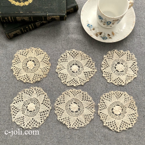 【パリ発送】L2860 フランスアンティークレースドイリー/レースコースター　ボビンレース6枚 8.5cm
