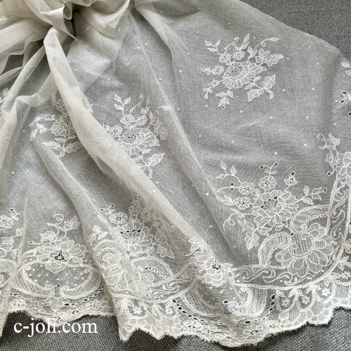 【パリ発送】L2864 フランスアンティーク幅広レースクロス/カフェカーテン　ローズ柄リネンチュールレース 76x133cm