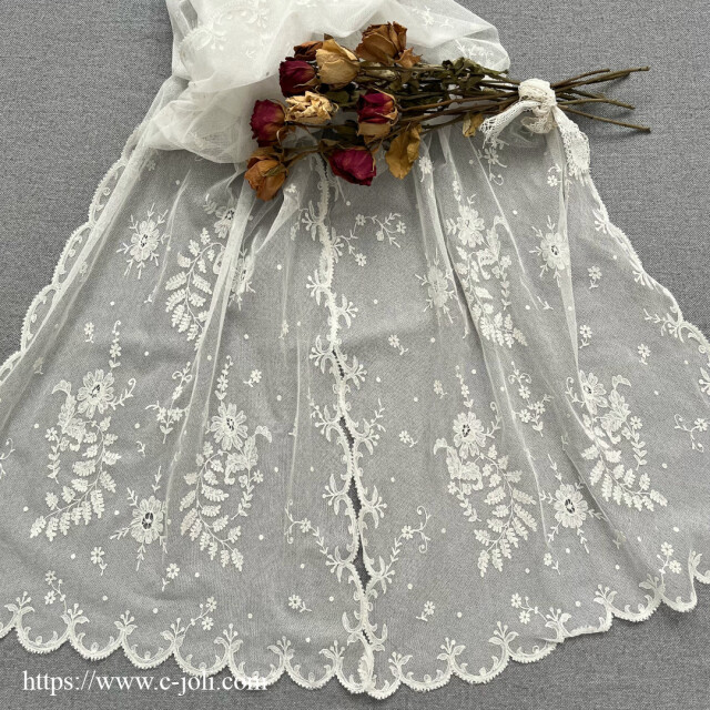 【パリ発送】L2891 フランスアンティークレースショール/レースストール　19世紀リネンチュールレース 2m40