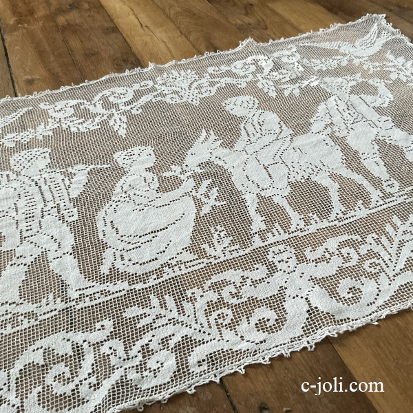 【パリ発送】L2902 フランスアンティークレースマット/テーブルセンター/テーブルクロス　リネンフィレレース/ボビンレース 76x50cm