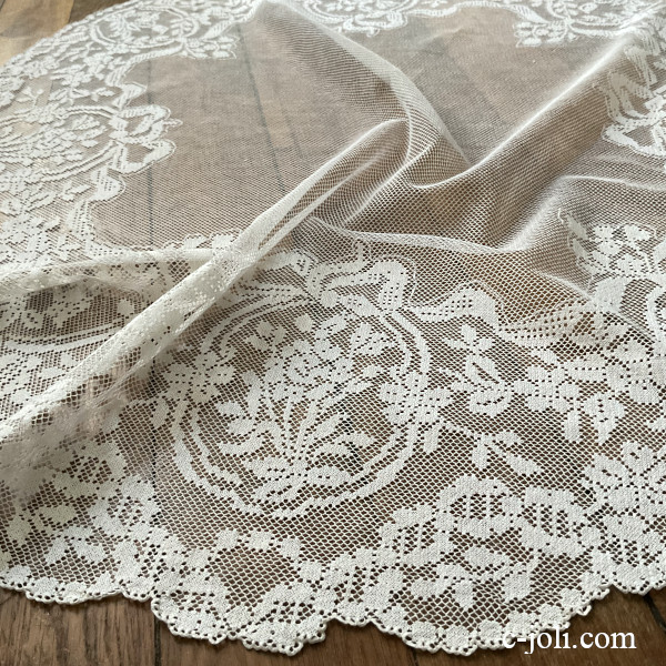 【パリ発送】L2903 フランスアンティークレースマット/テーブルクロス　ローズ柄リネンフィレレース 90x96cm