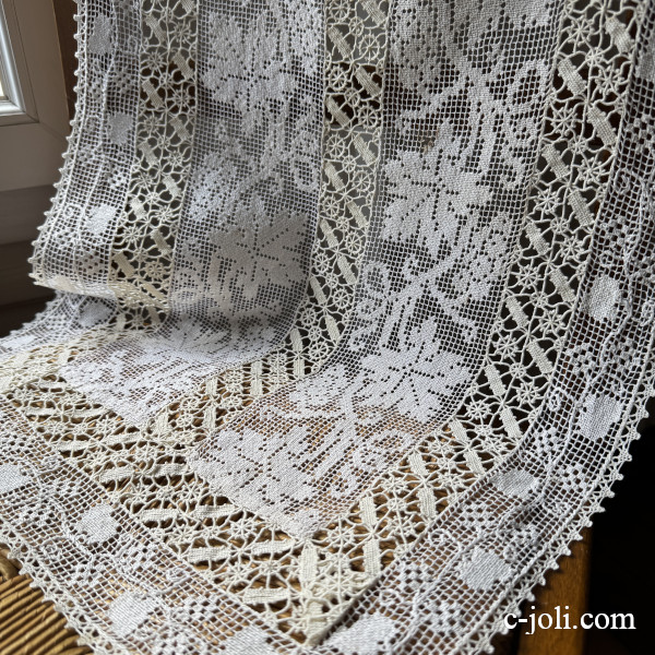【パリ発送】L2904 フランスアンティークレースマット|テーブルセンター リネンフィレレース|ニードルポイントレース 73x37.5cm