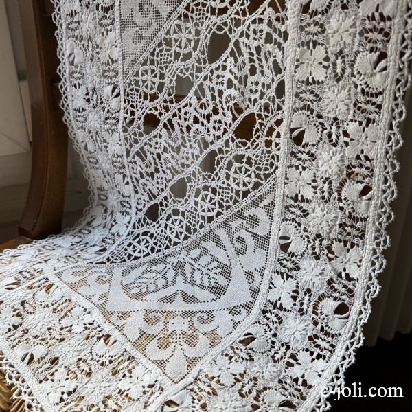 【パリ発送】L2905 フランスアンティークレースマット|テーブルセンター リネンフィレレース|ボビンレース|ドロンワーク 64x37cm