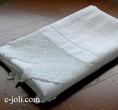 【日本発送】T-414　英国アンティークリネンタオル　ダマスク織リネン＆コットンクロシェレース