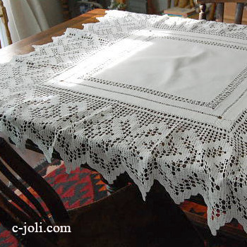 【日本発送】T1025　イギリスアンティークリネンテーブルクロス　ドロンワークリネン＆クロシェレース